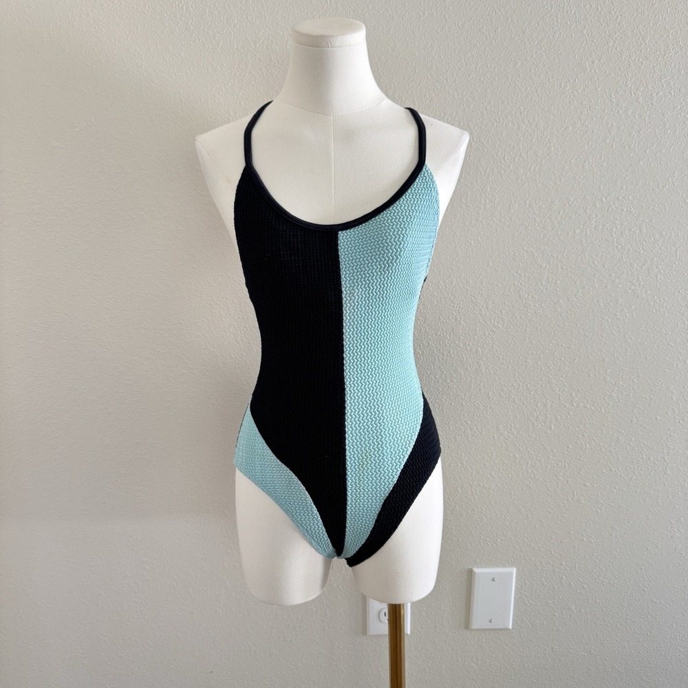 Vintage ILGWU Ruched One Piece Swimsuit Size 9/10 Colorblock 70s Retro USA